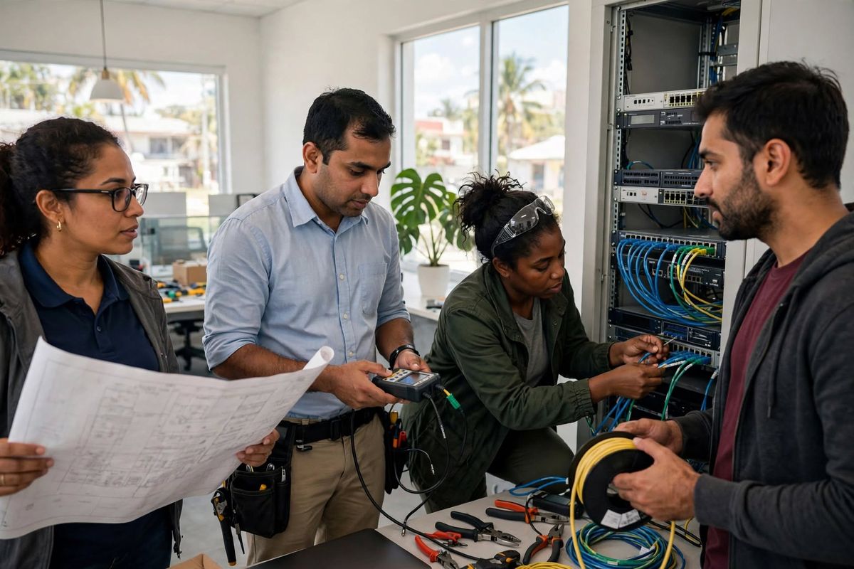 Engineers reviewing a floor plan and testing network cabling at a server rack